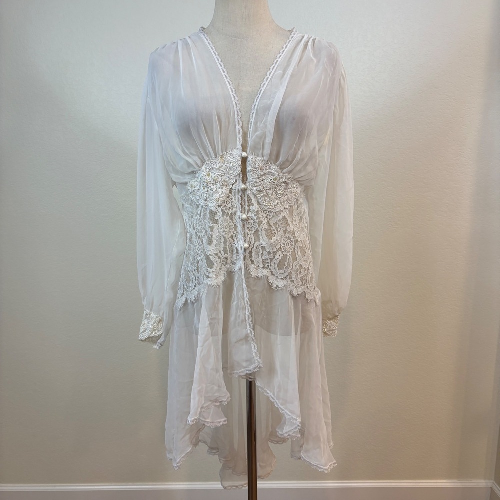 Victoria's Secret Robe Women M White Vtg 90s Lace Sheer High-Low Coquette Bridal